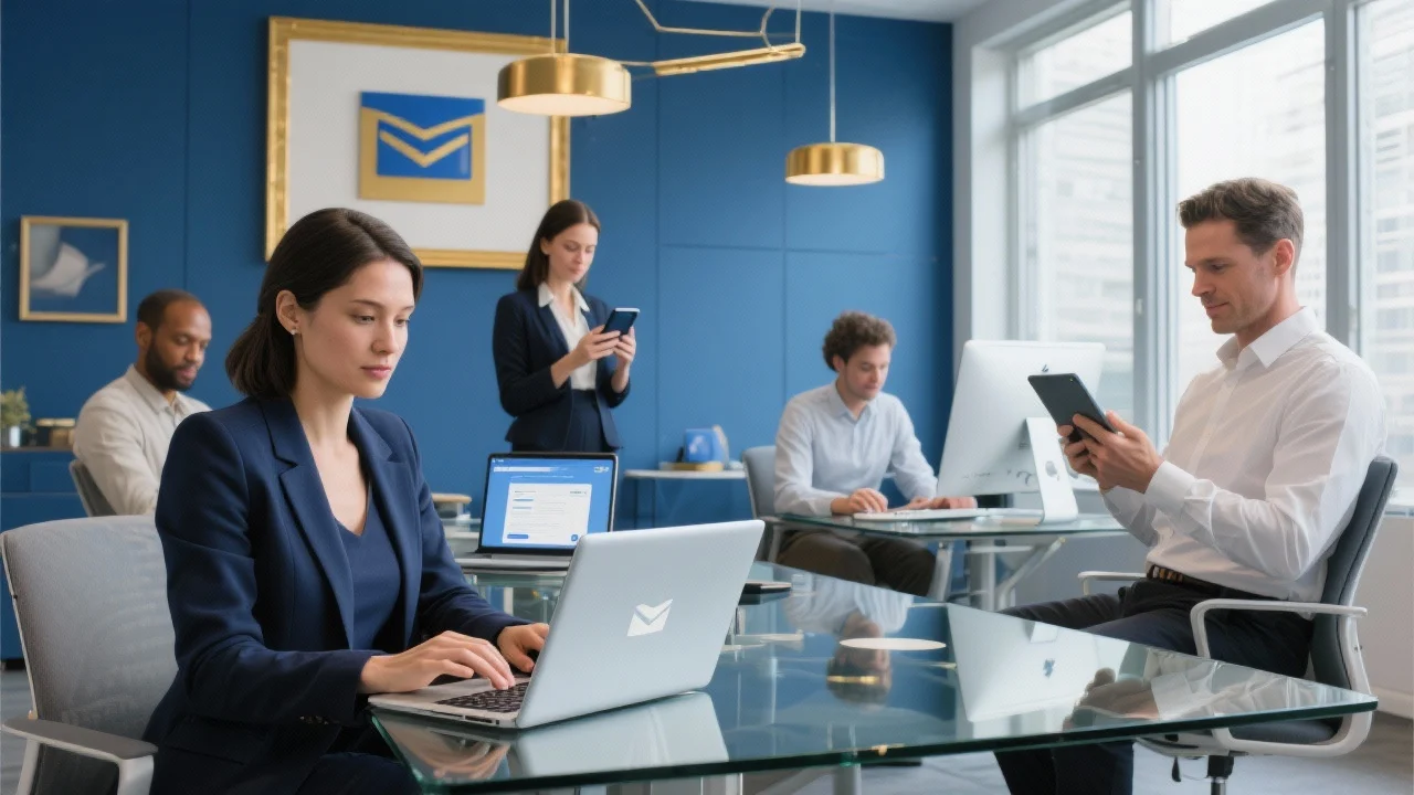 A team of professionals collaborating on a business strategy with Blue Lion Tools.